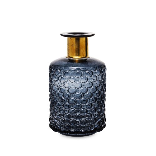 wazon szklany niebieski ze złotą szyjką, w kształcie karafki, niski