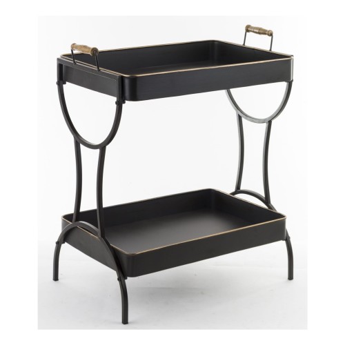 Stolik czarny, metalowy, z drewnianymi rączkami