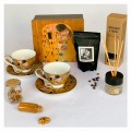 komplet złotych filiżanek z porcelana klimt  w pudełku, dyfuzor zapachowy, kawa ziarnista