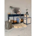lampa podłogowa czarna, w stylu filmowym, z trzema regulowanymi nogami, i srebrnym reflektorem, niebieska komoda, koralowiec w ramie, skrzynia biała, biała lampa, stolik czarny kawowy