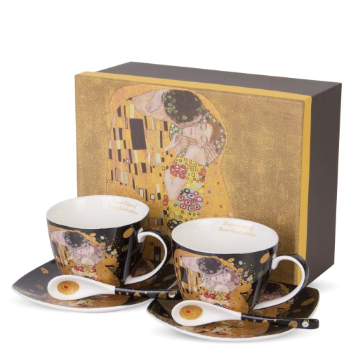 filiżanki z porcelany z łyżeczkami złoty klimt czarne