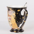 kubki z porcelany czarne złoty klimt zestaw z łyżeczką